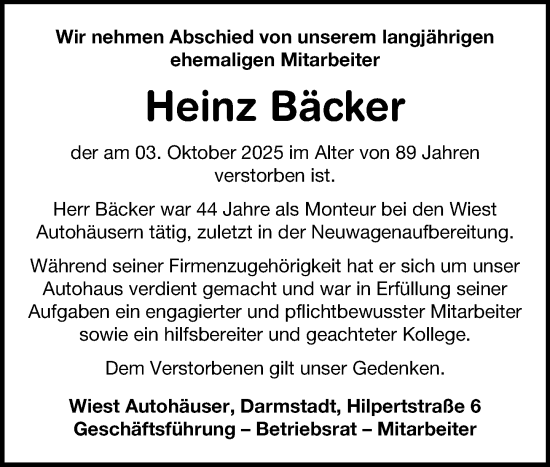 Traueranzeige von Heinz Bäcker von Darmstädter Echo