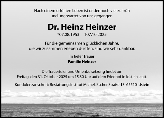 Traueranzeige von Heinz Heinzer von Wiesbadener Kurier Traueranzeige von Heinz Heinzer von Wiesbadener Kurier