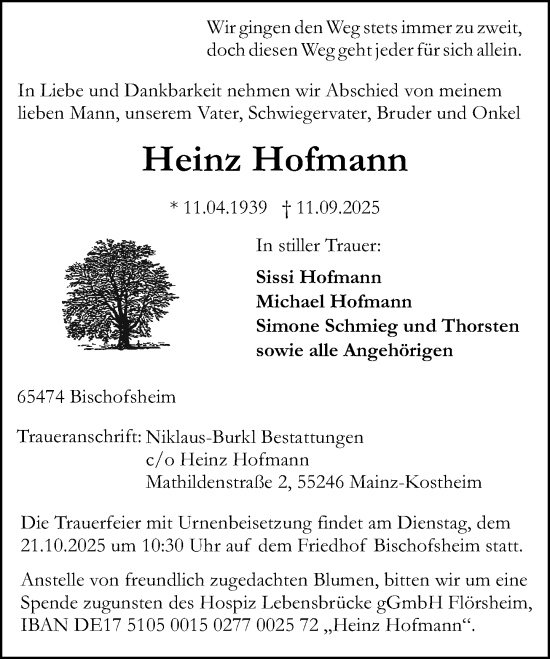 Traueranzeige von Heinz Hofmann von Allgemeine Zeitung Mainz Traueranzeige von Heinz Hofmann von Allgemeine Zeitung Mainz
