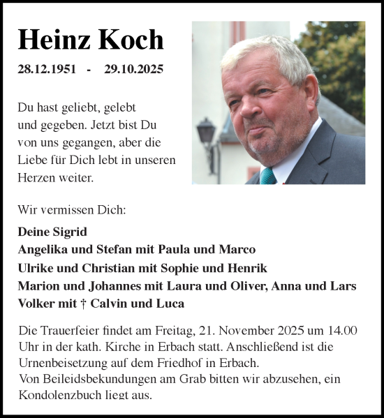 Traueranzeige von Heinz Koch von Wiesbadener Kurier