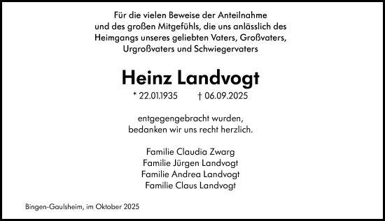 Traueranzeige von Heinz Landvogt von Binger-/Ingelheimer Wochenblatt