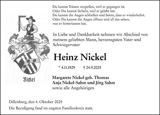 Traueranzeige von Heinz Nickel von Dill Block Traueranzeige von Heinz Nickel von Dill Block