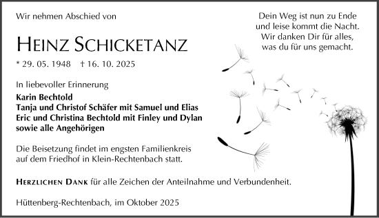 Traueranzeige von Heinz Schicketanz von Wetzlarer Neue Zeitung Traueranzeige von Heinz Schicketanz von Wetzlarer Neue Zeitung