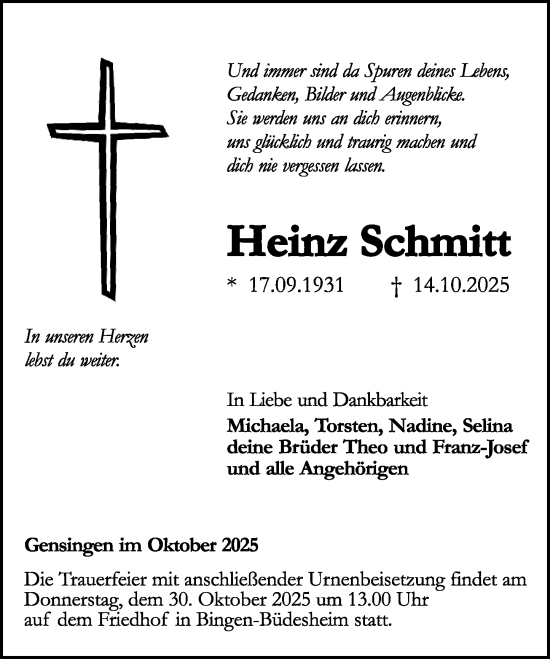 Traueranzeige von Heinz Schmitt von Binger-/Ingelheimer Wochenblatt Traueranzeige von Heinz Schmitt von Binger-/Ingelheimer Wochenblatt