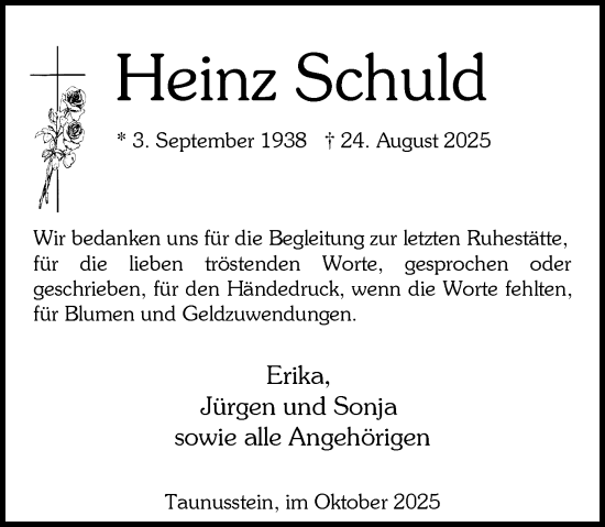 Traueranzeige von Heinz Schuld von Idsteiner Land/Untertaunus Traueranzeige von Heinz Schuld von Idsteiner Land/Untertaunus