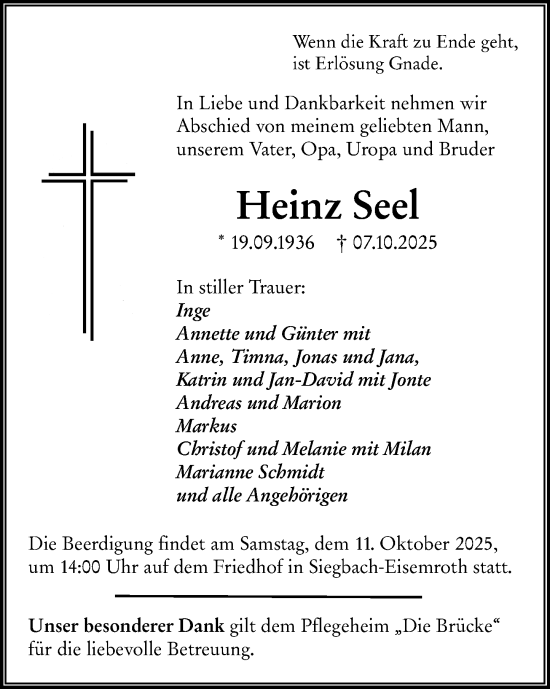Traueranzeige von Heinz Seel von Dill Block