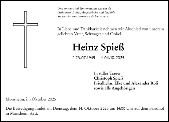 Traueranzeige von Heinz Spieß von Wormser Zeitung