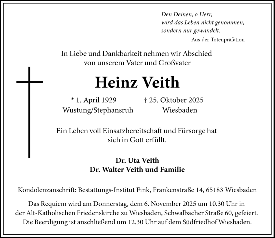 Traueranzeige von Heinz Veith von Wiesbadener Kurier Traueranzeige von Heinz Veith von Wiesbadener Kurier