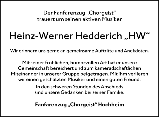 Traueranzeige von Heinz-Werner Hedderich von Hochheimer Zeitung Traueranzeige von Heinz-Werner Hedderich von Hochheimer Zeitung