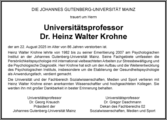 Traueranzeige von Heinz Walter Krohne von Allgemeine Zeitung Mainz