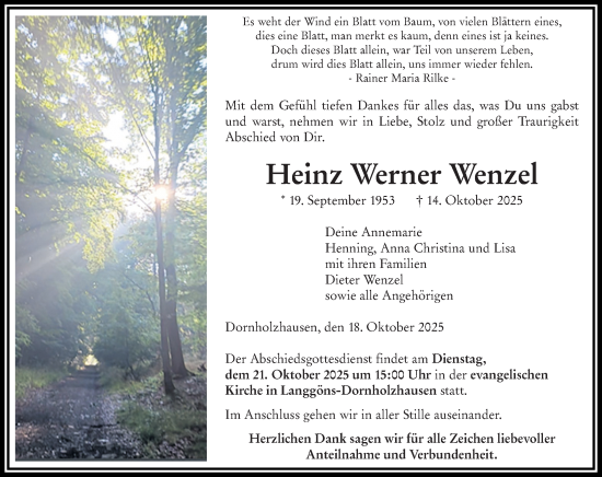 Traueranzeige von Heinz Werner Wenzel von Wetzlarer Neue Zeitung