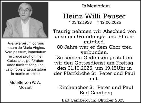 Traueranzeige von Heinz Willi Peuser von Camberger Anzeiger Traueranzeige von Heinz Willi Peuser von Camberger Anzeiger