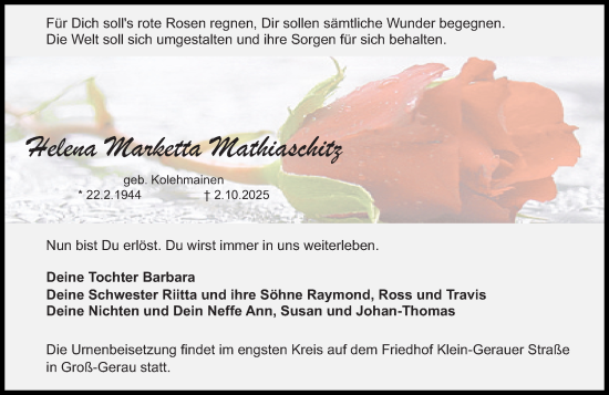 Traueranzeige von Helena Marketta Mathiaschitz von Groß-Gerauer Echo Traueranzeige von Helena Marketta Mathiaschitz von Groß-Gerauer Echo
