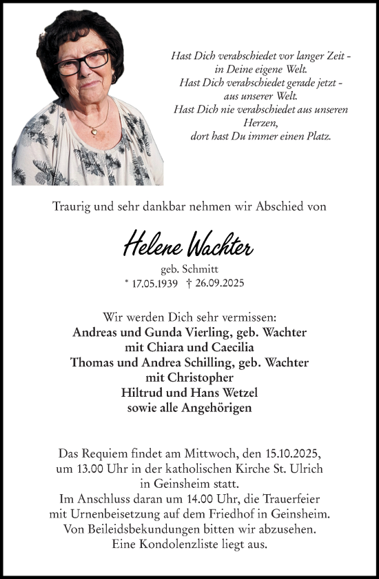 Traueranzeige von Helene Wachter von Groß-Gerauer Echo Traueranzeige von Helene Wachter von Groß-Gerauer Echo
