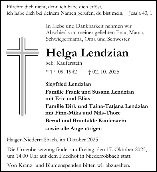 Traueranzeige von Helga Lendzian von Dill Block Traueranzeige von Helga Lendzian von Dill Block