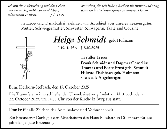 Traueranzeige von Helga Schmidt von Dill Block