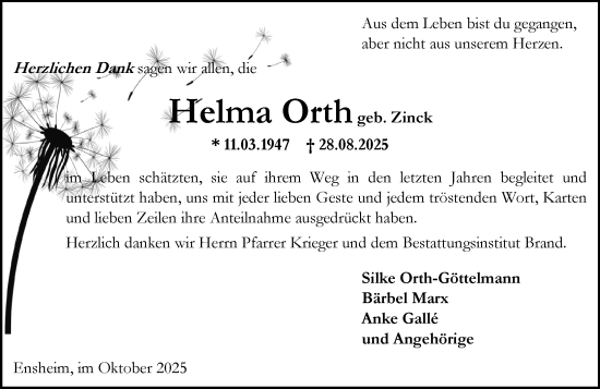 Traueranzeige von Helma Orth von Allgemeine Zeitung Alzey