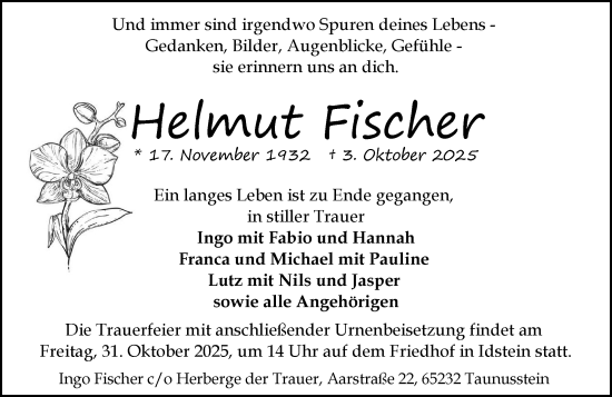 Traueranzeige von Helmut Fischer von Idsteiner Land/Untertaunus Traueranzeige von Helmut Fischer von Idsteiner Land/Untertaunus