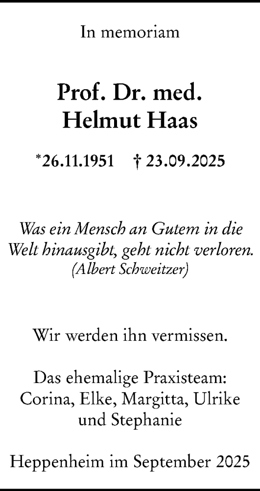Traueranzeige von Helmut Haas von Starkenburger Echo Traueranzeige von Helmut Haas von Starkenburger Echo
