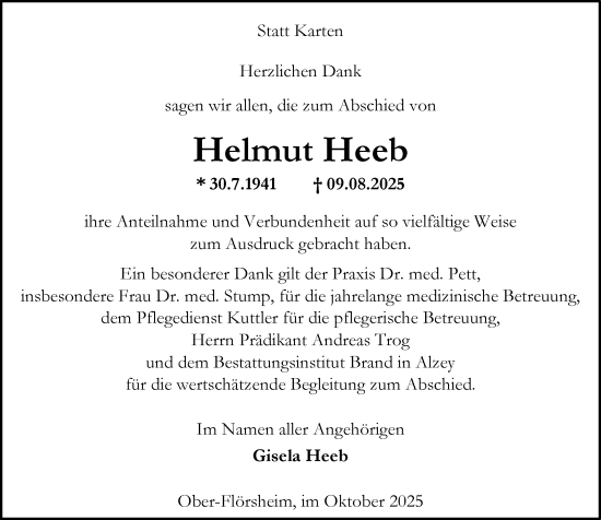 Traueranzeige von Helmut Heeb von Allgemeine Zeitung Alzey