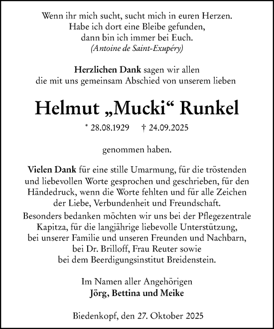 Traueranzeige von Helmut Runkel von Hinterländer Anzeiger Traueranzeige von Helmut Runkel von Hinterländer Anzeiger