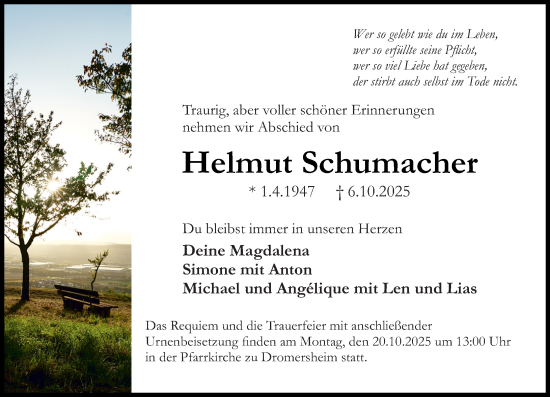 Traueranzeige von Helmut Schumacher von Allgemeine Zeitung Rheinhessen-Nahe Traueranzeige von Helmut Schumacher von Allgemeine Zeitung Rheinhessen-Nahe