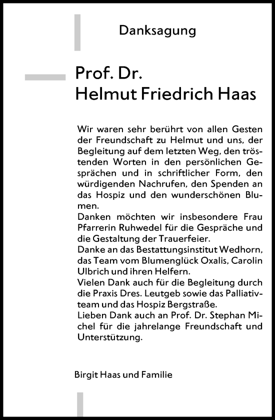 Traueranzeige von Helmut Friedrich Haas von Starkenburger Echo