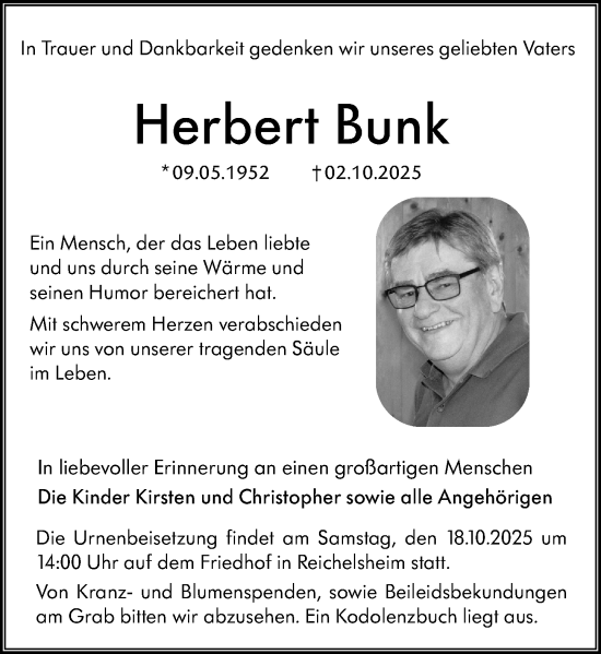 Traueranzeige von Herbert Bunk von Odenwälder Echo