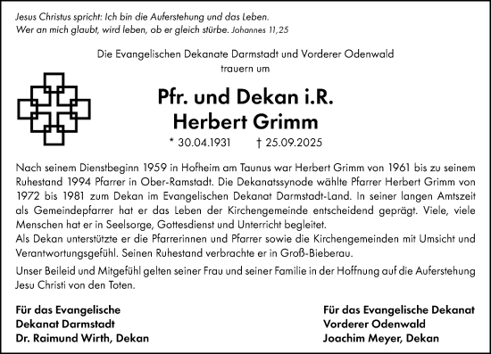 Traueranzeige von Herbert Grimm von Darmstädter Echo Traueranzeige von Herbert Grimm von Darmstädter Echo