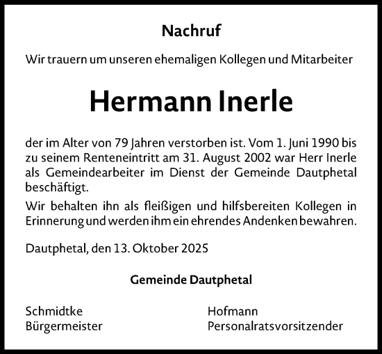 Traueranzeige von Hermann Inerle von Hinterländer Anzeiger