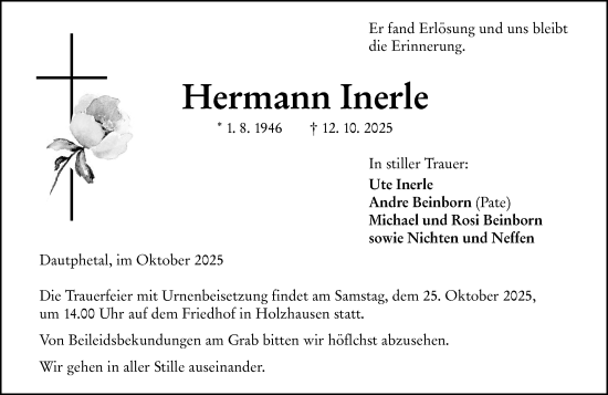 Traueranzeige von Hermann Inerle von Hinterländer Anzeiger