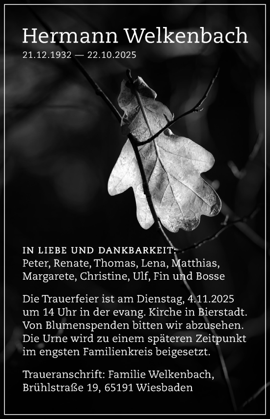 Traueranzeige von Hermann Welkenbach von Wiesbadener Kurier Traueranzeige von Hermann Welkenbach von Wiesbadener Kurier