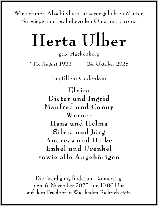 Traueranzeige von Herta Ulber von Wiesbadener Kurier Traueranzeige von Herta Ulber von Wiesbadener Kurier