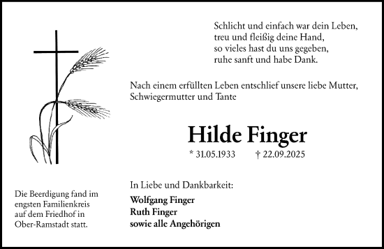 Traueranzeige von Hilde Finger von Darmstädter Echo Traueranzeige von Hilde Finger von Darmstädter Echo