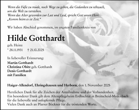 Traueranzeige von Hilde Gotthardt von Dill Block Traueranzeige von Hilde Gotthardt von Dill Block