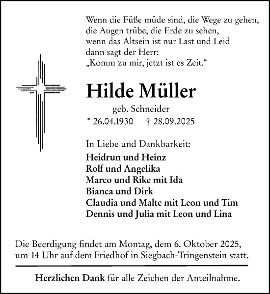 Traueranzeige von Hilde Müller von Dill Block