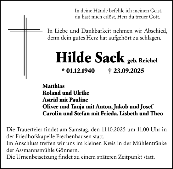 Traueranzeige von Hilde Sack von Hinterländer Anzeiger