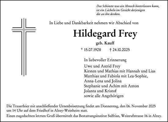 Traueranzeige von Hildegard Frey von Allgemeine Zeitung Alzey Traueranzeige von Hildegard Frey von Allgemeine Zeitung Alzey