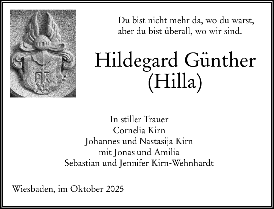 Traueranzeige von Hildegard Günther von Wiesbadener Kurier Traueranzeige von Hildegard Günther von Wiesbadener Kurier
