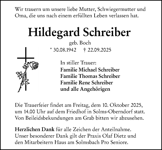Traueranzeige von Hildegard Schreiber von Wetzlarer Neue Zeitung Traueranzeige von Hildegard Schreiber von Wetzlarer Neue Zeitung