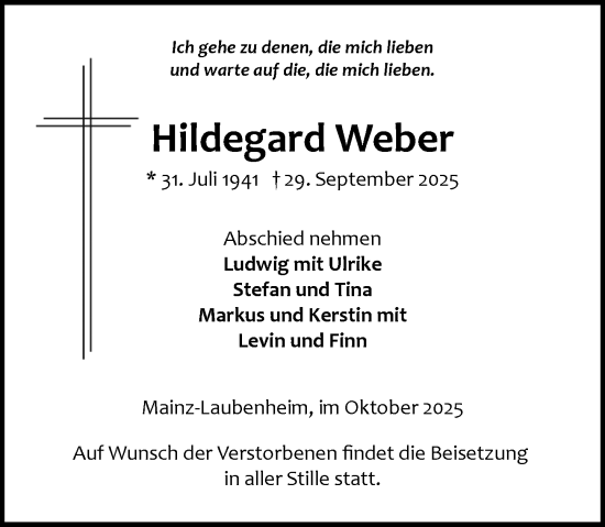 Traueranzeige von Hildegard Weber von Allgemeine Zeitung Mainz Traueranzeige von Hildegard Weber von Allgemeine Zeitung Mainz