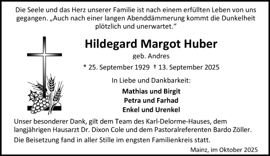 Traueranzeige von Hildegard Margot Huber von Allgemeine Zeitung Mainz Traueranzeige von Hildegard Margot Huber von Allgemeine Zeitung Mainz
