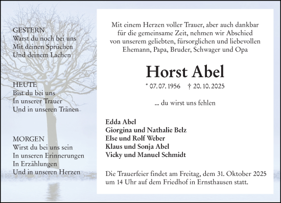 Traueranzeige von Horst Abel von Weilburger Tageblatt Traueranzeige von Horst Abel von Weilburger Tageblatt