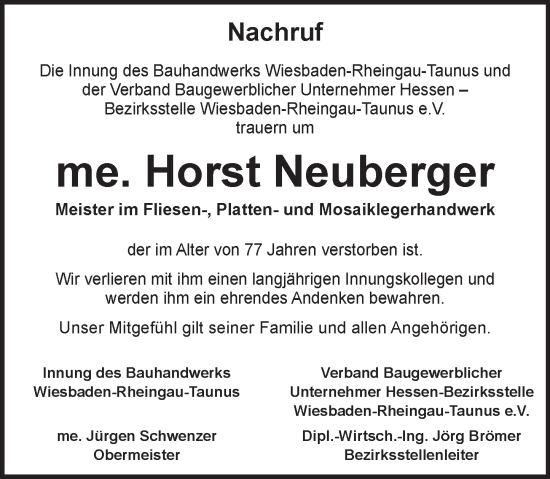 Traueranzeige von Horst Neuberger von Wiesbadener Kurier