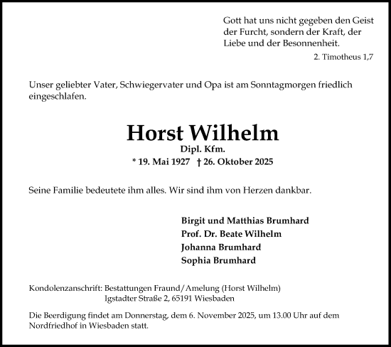 Traueranzeige von Horst Wilhelm von Wiesbadener Kurier Traueranzeige von Horst Wilhelm von Wiesbadener Kurier