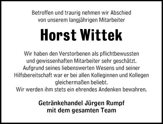 Traueranzeige von Horst Wittek von Wetzlarer Neue Zeitung