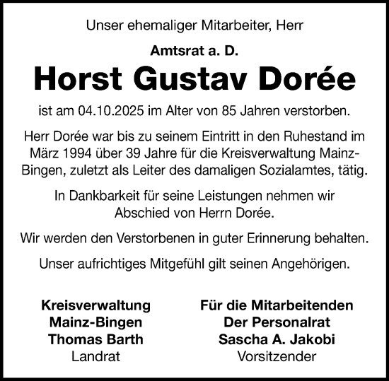 Traueranzeige von Horst Gustav Dorée von Allgemeine Zeitung Rheinhessen-Nahe Traueranzeige von Horst Gustav Dorée von Allgemeine Zeitung Rheinhessen-Nahe