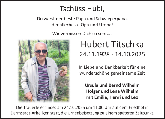 Traueranzeige von Hubert Titschka von Darmstädter Echo Traueranzeige von Hubert Titschka von Darmstädter Echo