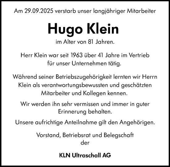 Traueranzeige von Hugo Klein von Starkenburger Echo