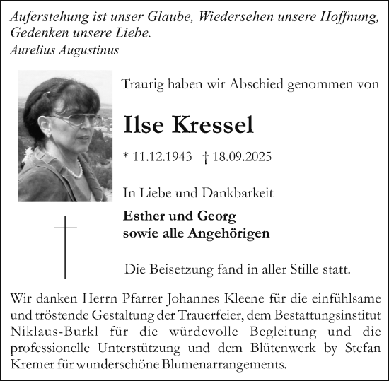 Traueranzeige von Ilse Kressel von Allgemeine Zeitung Mainz Traueranzeige von Ilse Kressel von Allgemeine Zeitung Mainz